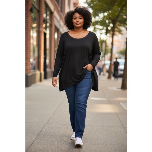 Lane Bryant Navy Blue Swing Top Sz 26/28 (4X) Long-Sleeve Lace Neckline Blouse - Picture 2 of 6